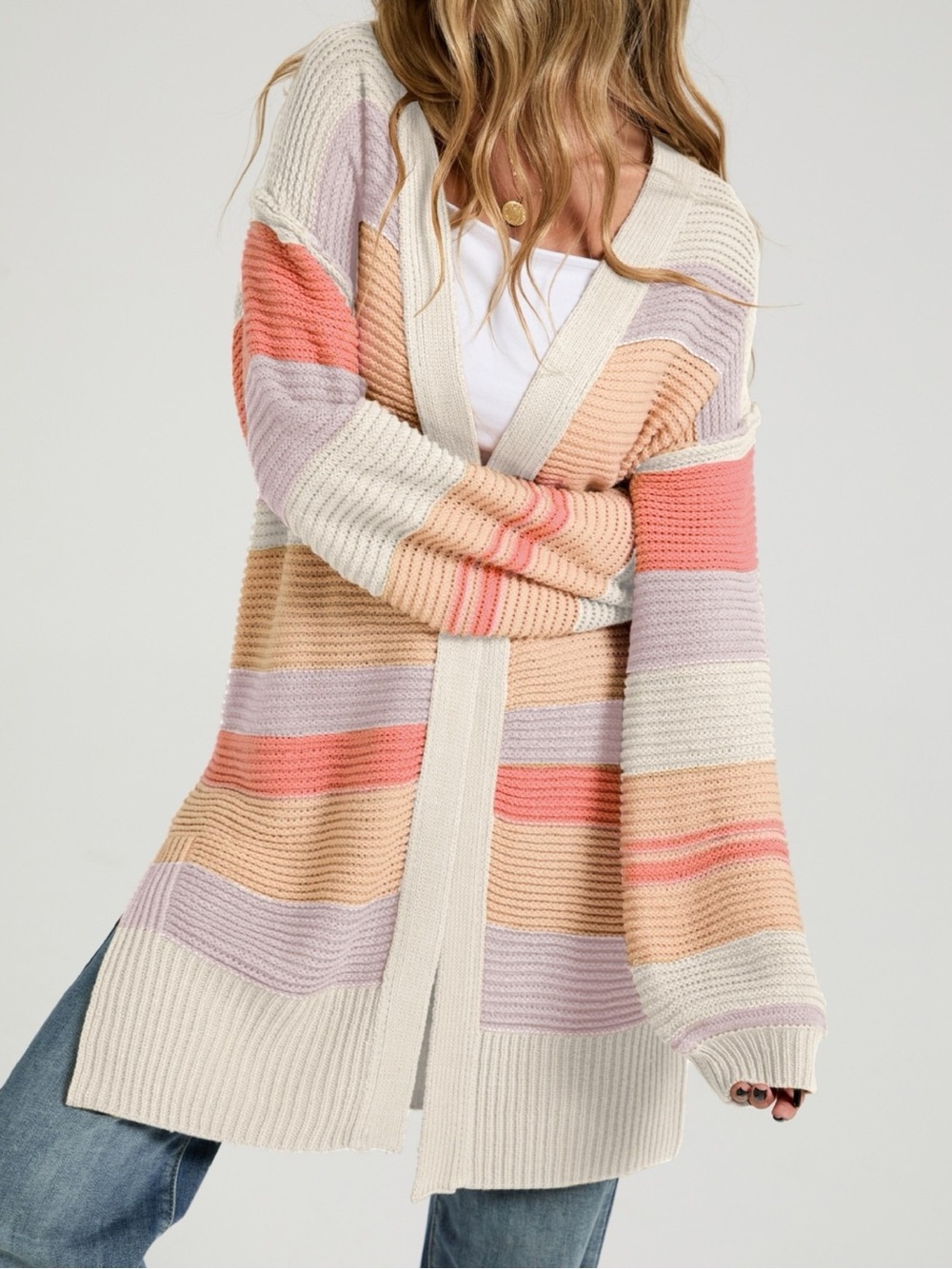 💕Hello Gorgeous! Striped Open-Front Cardigan Sweater - Apricot